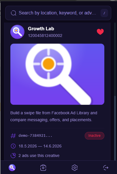 AdSpector popup showing a saved Facebook ad card